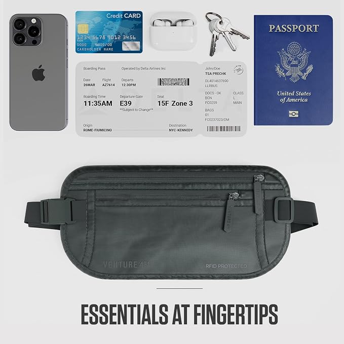 VENTURE 4TH Travel Money Belt, RFID Blocking Passport Holder - Sleek Gray - Image 7