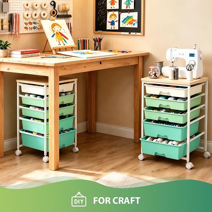 Goovilla Rolling Cart with 5 Drawers for Craft, Art, Dorm, Office, Green | Utility Cart Organizer With 5 Removable Drawers and Wooden Tabletop, Lockable Rolling Storage Organizer for Classroom, Home - Image 7