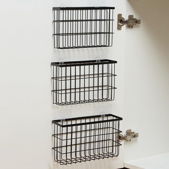 Sinnsally 3 Pack Cabinet Door Organizer,Self Adhesive Lid Organizers Inside Cabinet Storage Boxes,Hanging Storage Basket Organizer Wall Mounted Pantry Caddy Cup Holder for Kitchen,Fridge,Bathroom by UsefulKitchenTools