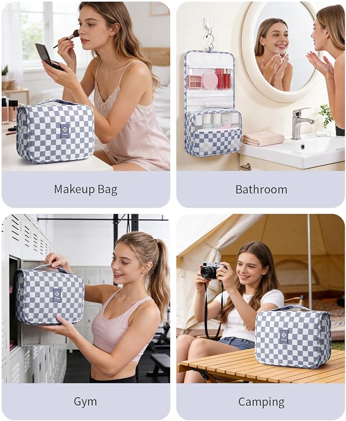 Narwey Small Hanging Travel Toiletry Bag for Traveling Women, Checkered Travel Bag for Toiletries, Makeup Bag Organizer Make Up Cosmetic Bags, Gifts for Kids Teen Girls (Grayish Blue Checkerboard) - Image 8