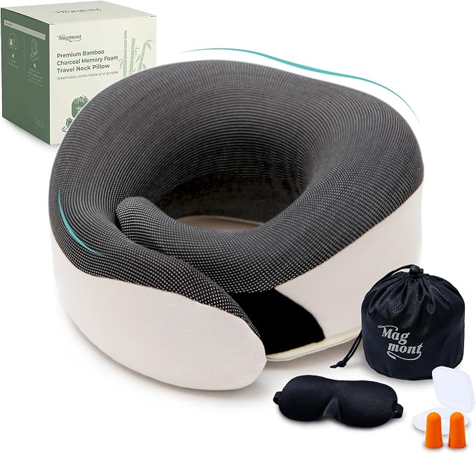 Travel Neck Pillow for Airplanes, Bamboo Charcoal Memory Foam | 360° Chin Support, Neck Pillow for Long Flights, Removable & Washable Cover, Travel Kit Included, 2 Color by Magmont