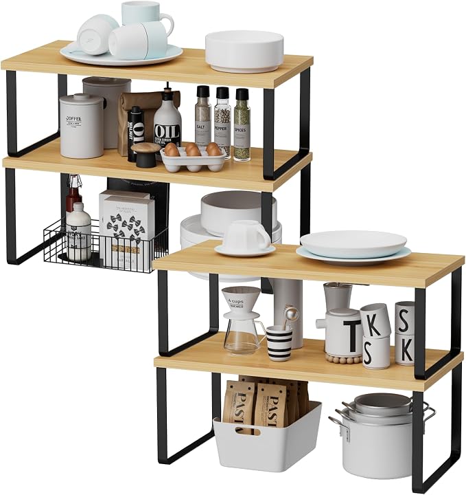 OGEMXU Cabinet Shelf Organizers, 15.7 inches Large Kitchen Counter Shelf, Set of 4 Wood Kitchen Pantry Organizer, Storage Shelves for Countertop, Spice Rack, Stackable, Expandable, Metal Black, Nature - Image 3