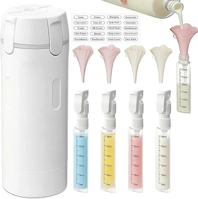 4-in-1 Travel Dispenser Bottle, 4 Pump Travel Bottle Set with 4 Wide-Mouth Funnels for Shampoo, Lotion, Conditioner, and Cream, Refillable，4 Pack 40ml by ZANSHI