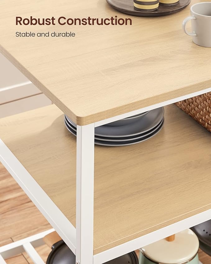 VASAGLE Kitchen Island with 3 Shelves, 47.2 Inches Width Kitchen Shelf with Large Worktop, Stable Steel Structure, Industrial, Easy to Assemble, Oak Color and White UKKI001W09 - Image 9