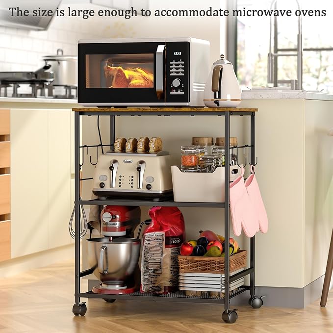 ThreeHio Rolling Kitchen Microwave Cart, 3 Tier Microwave Table Stand with Storage, Kitchen Utility Cart on Lockable Wheels, Small Coffee Cart Shelf Rack Organizer for Living Room Office, Balcony - Image 5