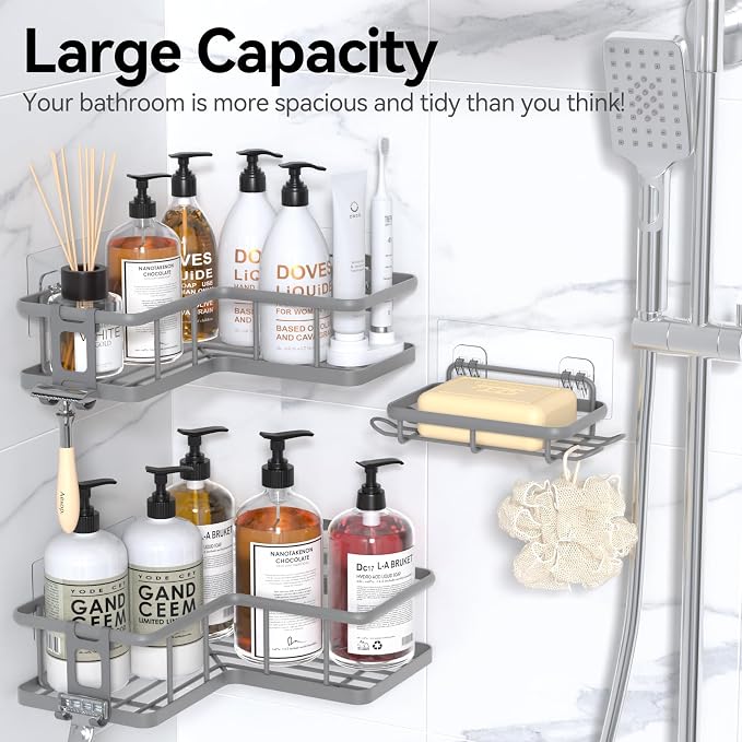 Corner Shower Caddy Adhesive, 100% Rustproof Shower Organizer with Soap Holder, No Drill Shower Shelf for Inside Shower, Wall-Mounted Shower Storage for Homes (3 Pack, Grey) - Image 8