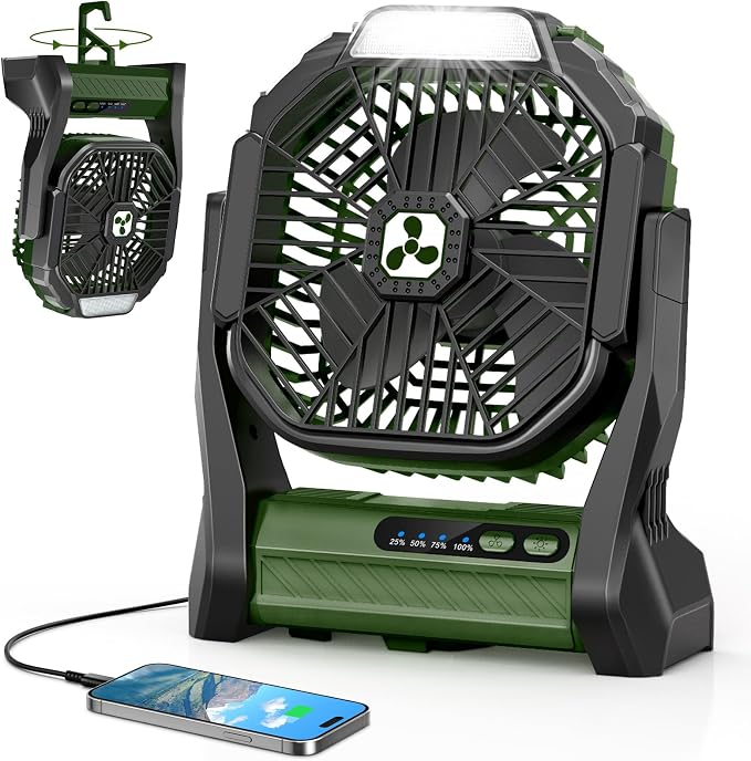 Portable Rechargeable Fan, 20000mAh Cordless Battery Powered Camping Fans | with LED Lantern Operated Outdoor Ventiladores for Travel Tent Camp Fishing Office Home Essentials Army Green by Unknown