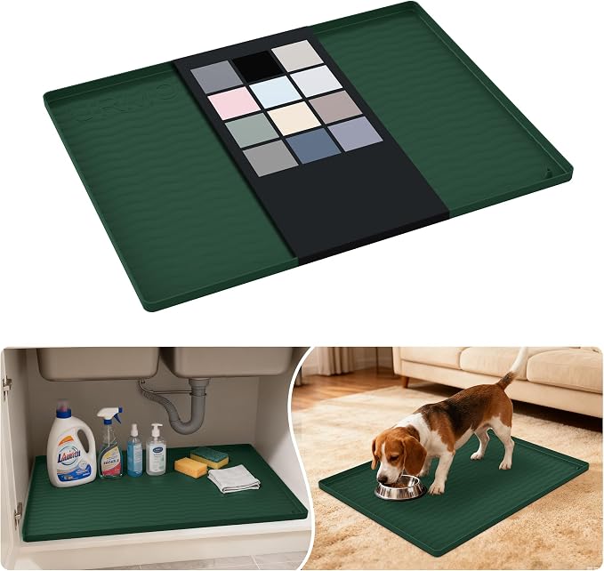 URMONA Waterproof Silicone Under Sink Mat 25'' x 19'' Shelf Liner for Kitchen and Bathroom, Cabinet and Counter Protector, Storage and Organizers, Litter Mat, Pet Cat Puppy Essentials(Green) by URMONA