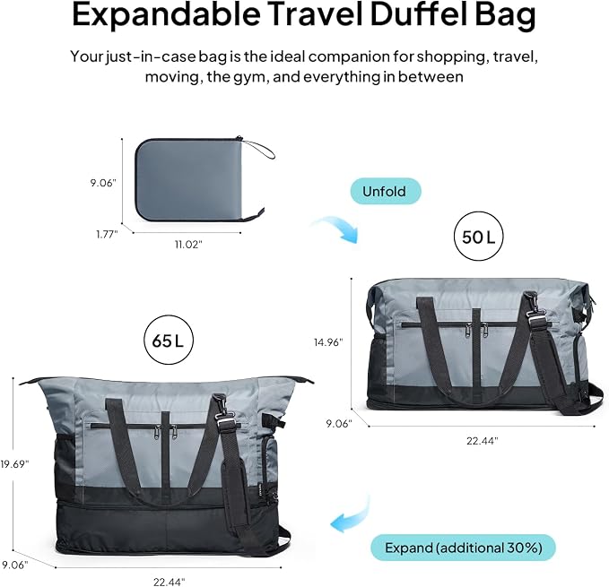 TOPEAST Foldable Travel Bag for Men & Women, 65L Weekender Overnight Duffle Bag for Travel, Expandable Airline Approved Carry-On with Shoe Compartment, Lightweight Personal Item Bag, Water-resistant - Image 3