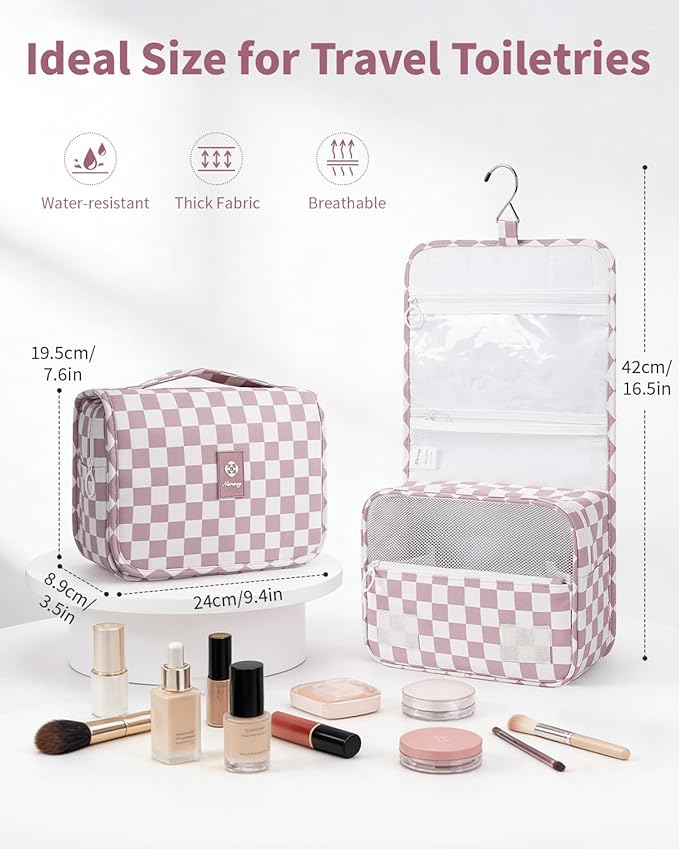 Narwey Small Hanging Travel Toiletry Bag for Traveling Women, Checkered Travel Bag for Toiletries, Makeup Bag Organizer Make Up Cosmetic Bags,Gifts for Kids Teen Girls (Dusty Pink Checkerboard) - Image 2