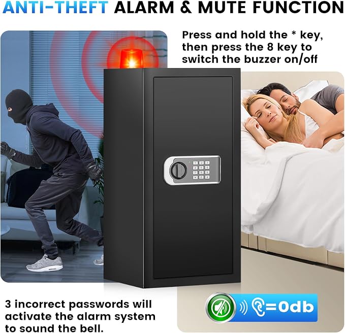 27.56"H Steel Safe Box, 6.0 Cuft Home Safes with Fireproof Waterproof Bag | Digital Security Safes with Programmable Keypad Keys, Smart Alert, Mute Mode, Anti-theft Safety Box for Documents Valuables - Image 5