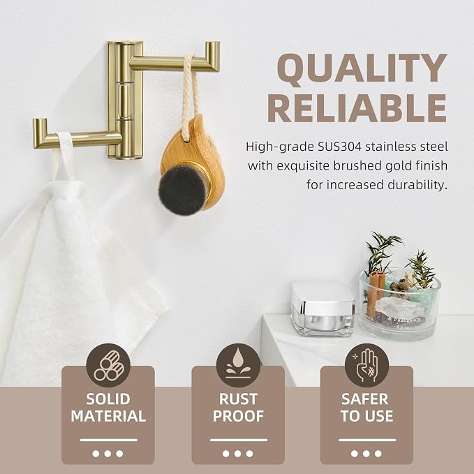 Angle Simple Towel Hook 3 Arms, Swivel Coat Wall Hook, Brushed Gold | Solid SUS304 Stainless Steel, Foldable Robe Towel Holder for Bathroom Kitchen Closet, Modern Space Saver, Screws Mounted - Image 3