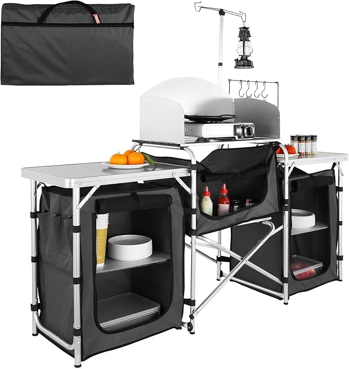 VEVOR Camping Kitchen Table, Folding Outdoor Cooking Table with Storage Carrying Bag, Aluminum Cook Station 3 Cupboard & Detachable Windscreen, Quick Set-up for Picnics, BBQ, RV Traveling, Black | Portable Lightweight Setup, Storage Pockets, Sturdy Cor... by VEVOR