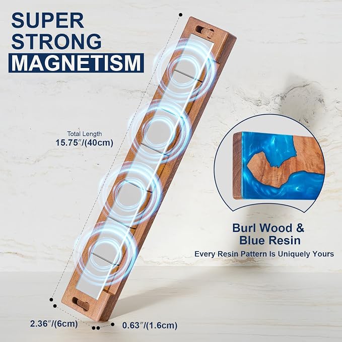 Magnetic Knife Holder for Wall 16 Inch, Acacia Burl Wood & Blue Resin Magnetic Knife Strip Bar, Powerful Magnet Kitchen Knife Storage Rack, Space-Saving Wall Mounted Organizer - Image 4