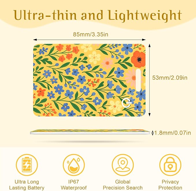 Wallet Tracker Card – Slim Bluetooth Tracker, IP68 Waterproof, Rechargeable Wireless Locator for Wallets, Luggage & Passports Compatible with Find My on iPhone (Yellow Blue Flowers) - Image 5