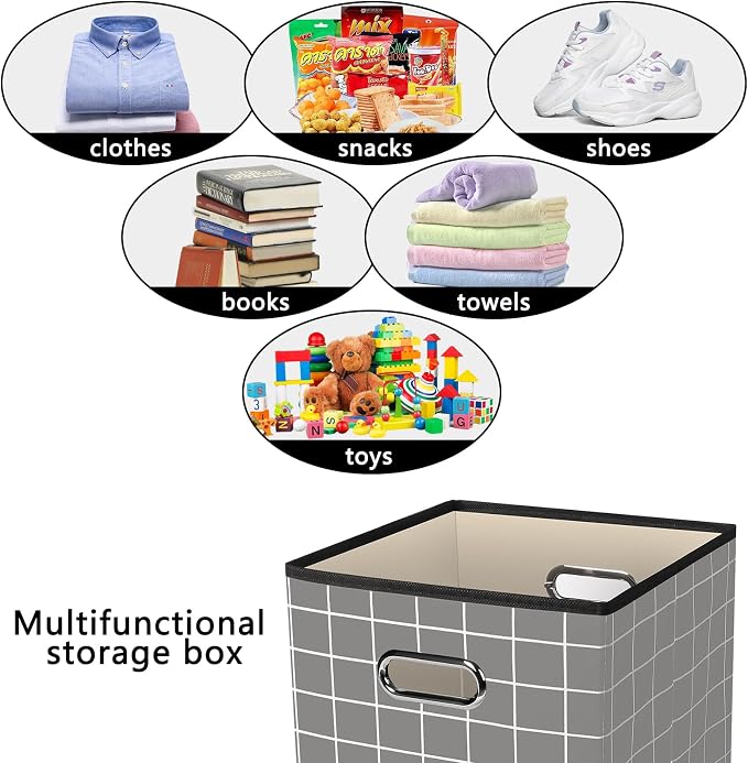 Yunkeeeper storage bins Cubes, Fabric Cube Organizer with Handle, Foldable Cube Bins for Cloth or Accessary Storage, 11x11x11, Set of 3,(Grey grid) - Image 3