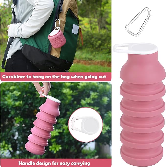 Collapsible Silicone Water Bottle - 20oz Foldable, Leakproof, BPA-Free - for Gym, Travel & Daily Use (Pink) - Image 5