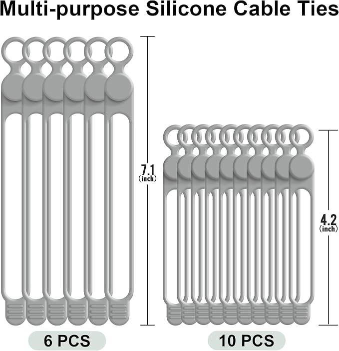 Silicone Cable Ties, Cord Organizer Cable Management,2Sizes-Grey | Reusable Cord Ties for Electronics, Office Desk Accessories, Home Travel Essentials, Easy to Use, 4.2 Inch & 7.1 Inch-16Pcs - Image 6