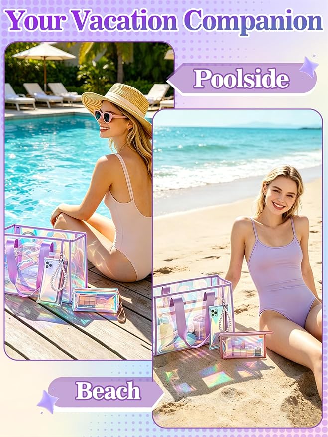 Cosweet Iridescent Beach Tote Bag with 3 Small Pouch for Women | 26L Waterproof Clear Jelly Bag, Tip-Proof Foldable, Small Pouch for Phone Makeup, for Pool Cruise Travel Gifts - Image 7
