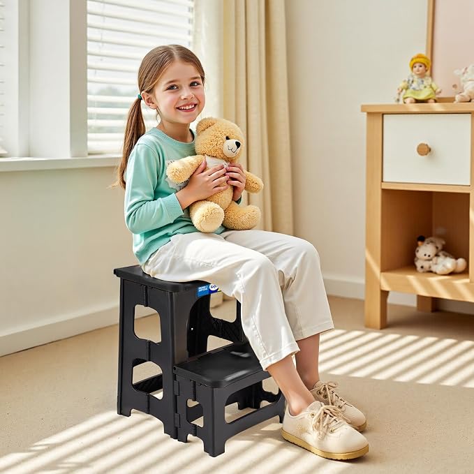 Korpai Folding 2 Step Stools,8" & 17" Dual Heights,Folding Step Hold up to 250 lbs,Step Stools for Adults and Kids,Step Stool for Dorm Bed,Kitchen Bedroom Office,Truck ect,Black - Image 7