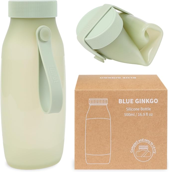 BLUE GINKGO Collapsible Water Bottle – Lightweight, Foldable Silicone Bottle for Travel, Hiking, and Camping (16.9oz, Made in Korea, Olive Green) by BLUEGINKGO