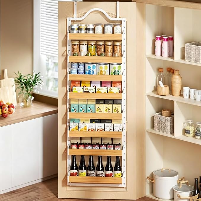 8-Tier Pantry Door Organizer, Over the Door Pantry Organizer with Wooden Adjustable Baskets, 2 IN 1 Spice Rack Wall Mount or Door Organizer, Door Spice Rack for Pantry（72.6×17.1×5.1in,White) - Image 6