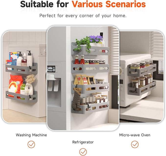 4-Pack Magnetic Spice Rack for Refrigerator with Hooks, Grey | Strong multipurpose magnetic shelf for kitchen & bathroom organization. Includes 4 removable hooks for hanging items. - Image 6