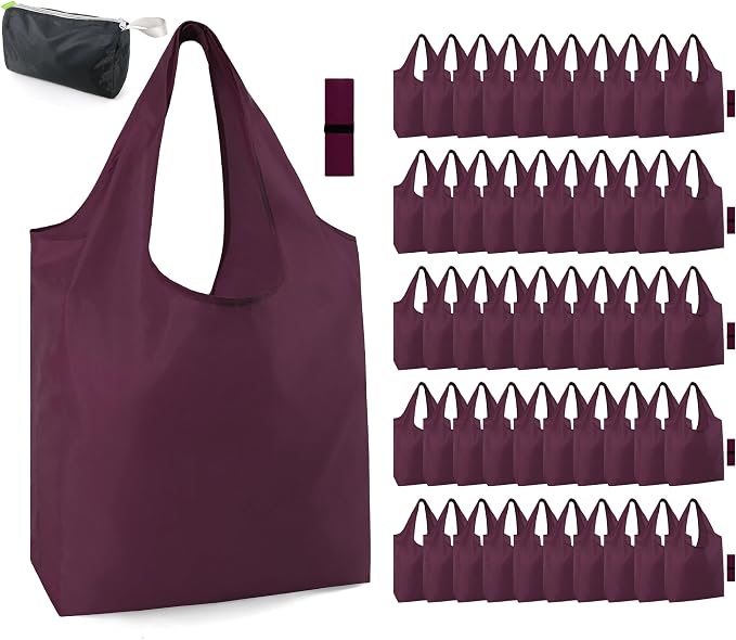 BeeGreen Burgundy Reusable Grocery Bags Wine Red Reusable Kitchen Bags Bulk Foldable-Machine Washable with Zipper Storage Pouch 50 Packs by BeeGreen