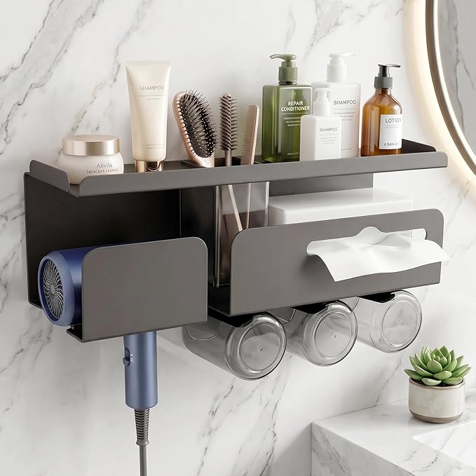 Hair Dryer Holder Wall Mount Metal,Adhesive/Drilling Bathroom Organizer with Shelf,Tissue Box&3 Free Cups,Rustproof Rack for Hair Styling Tools&Toothbrush,Grey - Image 6