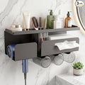 Hair Dryer Holder Wall Mount Metal,Adhesive/Drilling Bathroom Organizer with Shelf,Tissue Box&3 Free Cups,Rustproof Rack for Hair Styling Tools&Toothbrush,Grey by Unknown