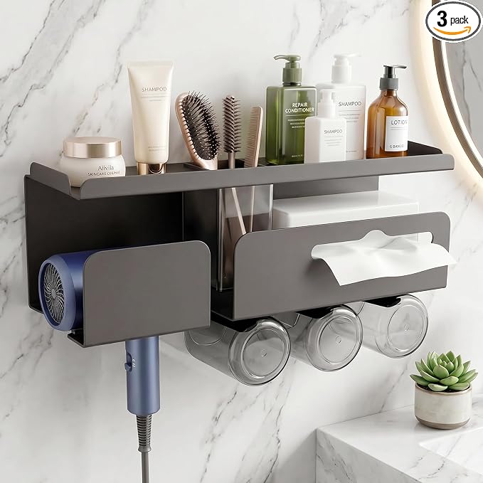 Hair Dryer Holder Wall Mount Metal,Adhesive/Drilling Bathroom Organizer with Shelf,Tissue Box&3 Free Cups,Rustproof Rack for Hair Styling Tools&Toothbrush,Grey by Unknown