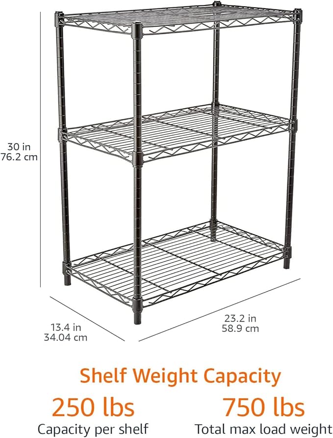 Amazon Basics 3-Shelf Adjustable Heavy Duty Steel Wire Rack Storage Shelving Organizer with Storage Space, Versatility and Ease of Use for Kitchen, Garage, 23.2" L x 13.4" W x 30" H, Black - Image 3
