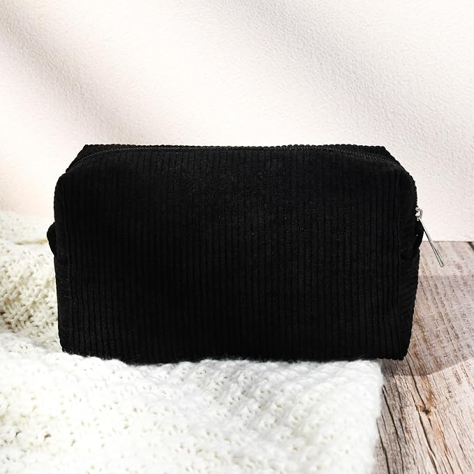 SOIDRAM 2 Pcs Corduroy Makeup Bag Large Cosmetic Bag Toiletry Bag Makeup Pouch Travel Bag Organizer Cute Makeup Brushes Aesthetic Accessories Storage Bag for Women Black - Image 7