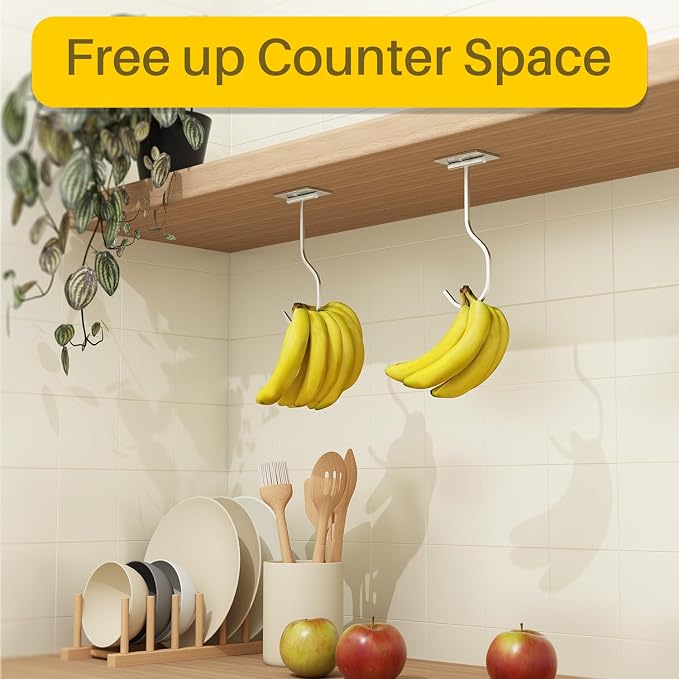 2-Pack Self Adhesive Banana Hook, Metal Banana Hanger Hook,Under Cabinet Hook For Bananas Or Kitchen Items, Foldable Banana Hook, Folds Up With Magnets When Not In Use, Keep Bananas Fresh, Silver | Foldable Banana Hanger, Metal Banana Holder, Hold 20 B... - Image 4