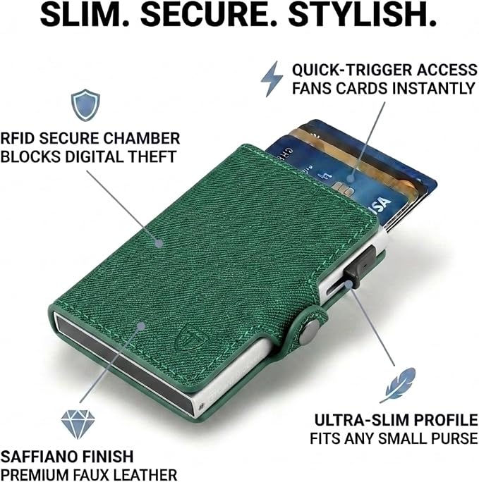 Pop Up Wallet for Women Slim Aluminum Case, Saffiano Green Bag | Secure RFID Wallet Stores Essentials with Easy Organization - Credit Card Holder Supports Daily Use & Travel Needs - Image 7