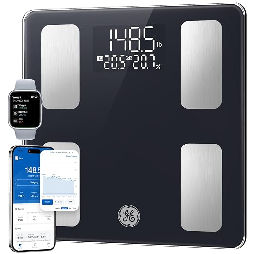 GE Smart Scale for Body Weight BMI Body Fat, Digital Bluetooth Scale 400lb | 13 Body Composition Monitor Health Analyzer for Home Gym, Accurate Bathroom Scale, App Sync Weighing Capacity Black 11inch by Unknown