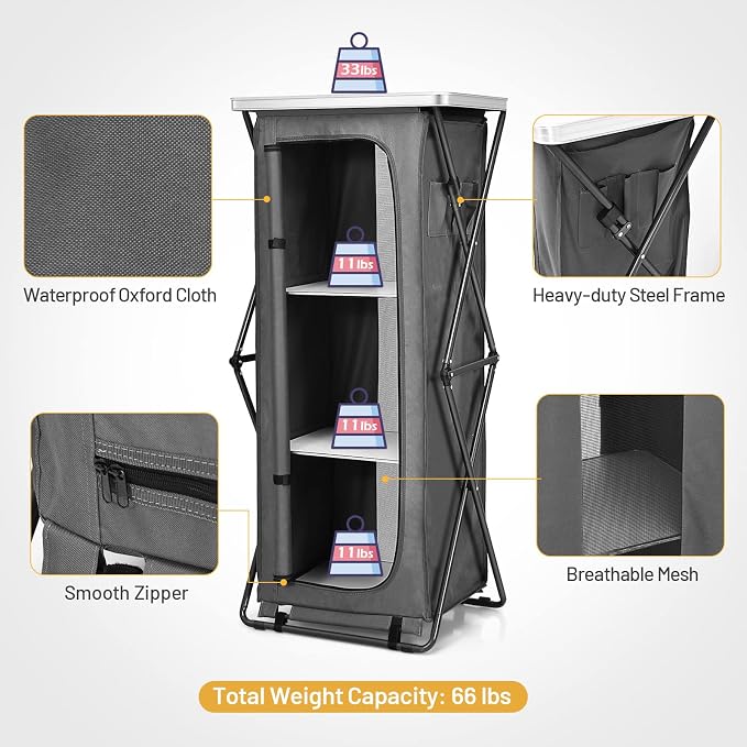 Giantex Folding Camping Storage Cabinet with 3 Shelves and Carry Bag, Portable Outdoor Organizer Kitchen Table, Quick Set-up for BBQ, Picnic, Backyard, Compact Pop-Up Cupboard, 55''H - Image 5