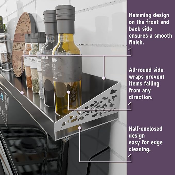 STUTOV Stove Shelf for Stove Top, Spice Rack Organizer, Easy Installation, Kitchen Storage Solution, with Standard 30" Length, Brushed Stainless Steel, Non Magnate (Stainless Steel) - Image 3