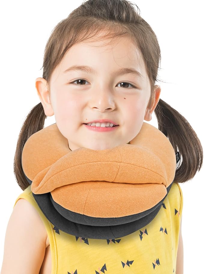 Kids Travel Pillows for Airplane, Memory Foam 360° Head Support Sleeping Essentials for Long Flight, Skin-Friendly Soft Neck Pillow for Traveling in Car Seat, (Small, Orange Grey, 40-90 lbs) by BUYUE