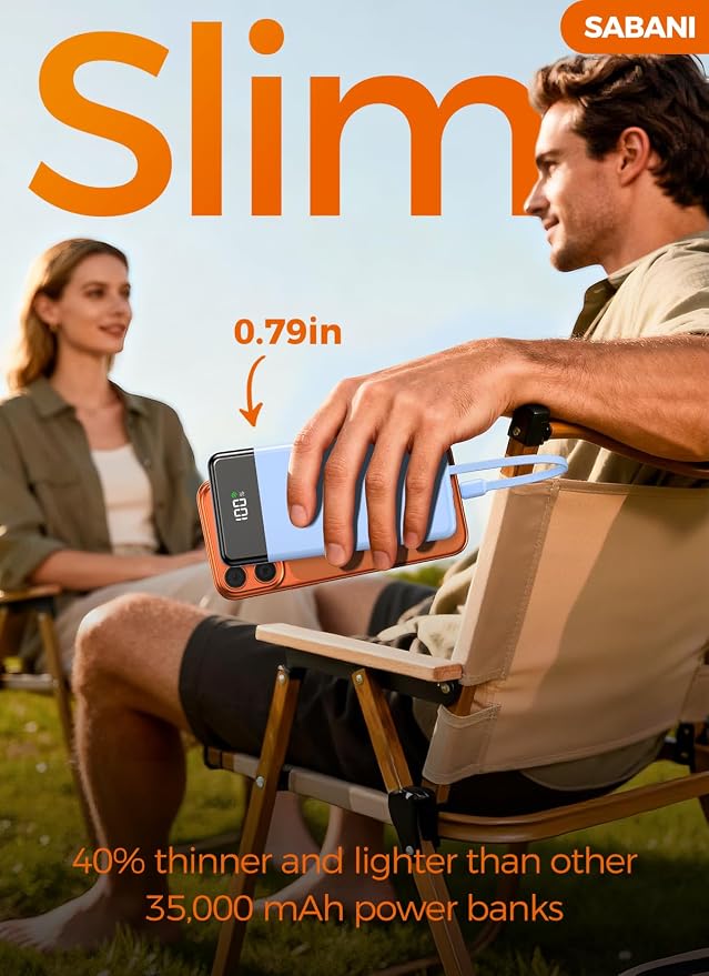 SABANI Portable Charger 35000mAh Power Bank, 4 Built in Cable Big Capacity | Ultra Slim, 22.5W Fast Charge, Travel Camping Essential, USB C External Battery Pack for iPhone Samsung Android, Azure - Image 5