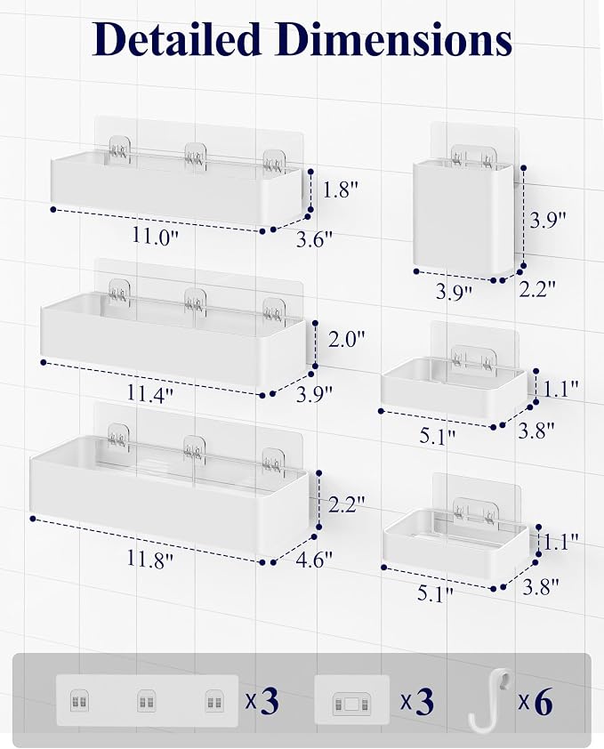 Kitsure Large Shower Caddy - Adhesive 6-Pack Bathroom Shelves, White | No-Drilling Rustproof Shelves with Soap Holder, Toothbrush Holder, 6 Hooks, Stylish Bathroom Organizers and Storage Solution - Image 2