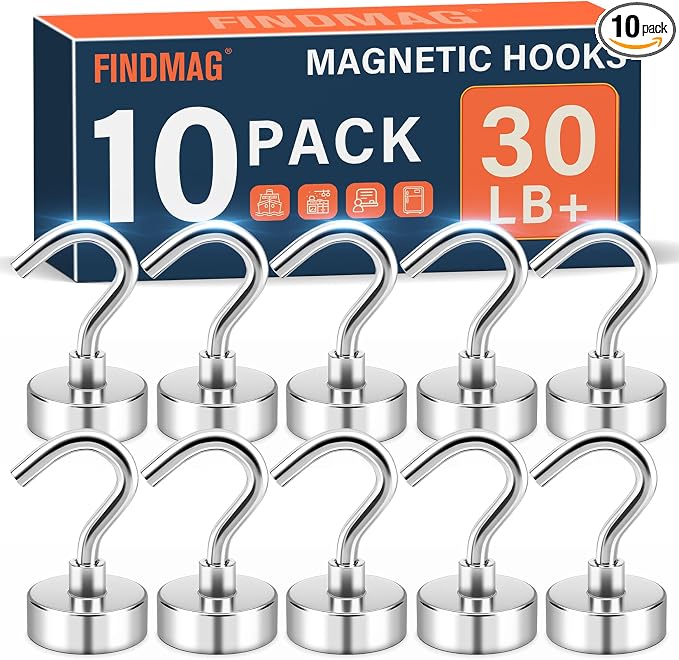 FINDMAG Magnet Hooks, 30LB+ Magnetic Hooks for Cruise Cabins, 10 Pack | Strong Neodymium Magnets with Hooks for Hanging, Beach Vacation, Garage, Locker, Kitchen, Cruise Essentials 2026, Silver by FINDMAG
