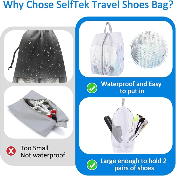 SelfTek Shoe Bags for Travel - 3 Pack 1 Size Double-Sided Zipper Shoe Bag for Men & Women, Waterproof Portable Shoe Storage Pouch with Handle, Family Travel Accessories - Medium Size - Image 3