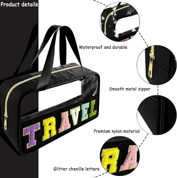Bunliuys Chenille Letter Clear Makeup Bag Travel Patch, Travel Toiletry Makeup Bag with Handle, Nylon Waterproof Makeup Bags clear cosmetic bag, preppy patch makeup bag for Women (TRAVEL-Black) - Image 3