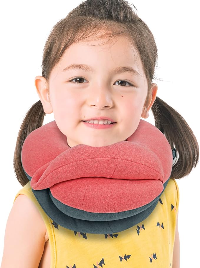 Kids Travel Pillows for Airplane, Memory Foam 360° Head Support Sleeping Essentials for Girls Long Flight, Skin-Friendly Soft Neck Pillow for Traveling in Car Seat, (Small, Pink Grey, 40-90 lbs) by BUYUE