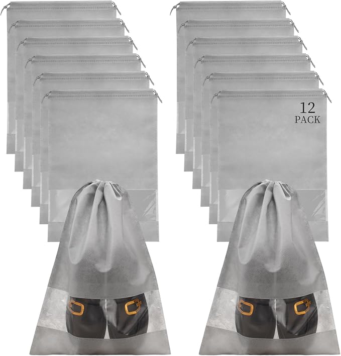 12 Pcs Portable Travel Shoe Bags, 17.3 x 12.6 Inches Waterproof Non-Woven Shoe Organizers Storage Bags, Large Drawstring Shoes Pouch Packing Organizers with Rope for Men, Women, Children (Grey) by KINYFY