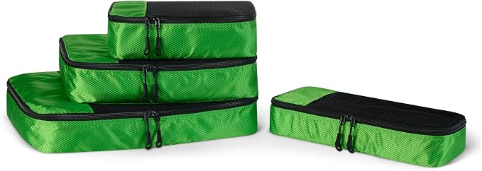 Amazon Essentials 4-Piece Packing Cubes Travel Accessories Set, Luggage Organizer with Double Zipper, Mesh Top, Space-Saving for Suitcases, Small/Medium/Large/Slim, Green (Previously Amazon Basics) by AmazonEssentials