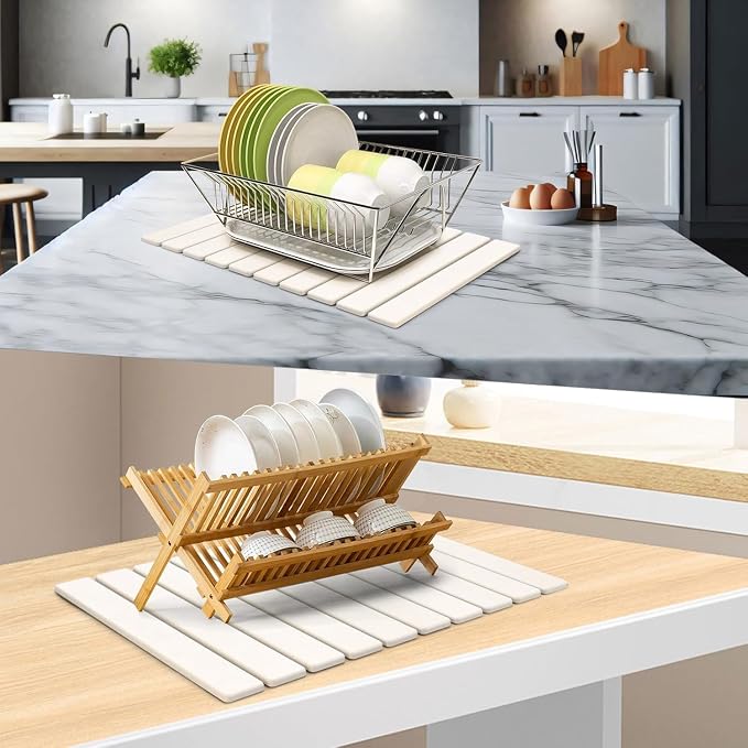 2Pcs Large Stone Dish Drying Mat for Kitchen Counter, Foldable Super Absorbent Diatomaceous Earth Mats with Anti-Slip Leather Base, Quick Drying Modern Dish Mat (White, 24"x 16" & 8"x 4" ) - Image 5