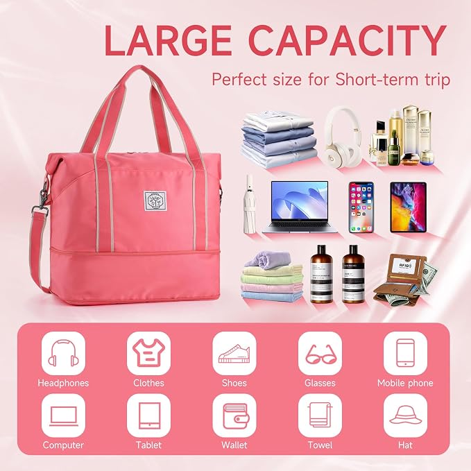 WALNEW Foldable Travel Duffel Bag, Weekender Bag for Women, Coral | Overnight Carry On Bag, Waterproof Gym Luggage with Metal Buckle Detachable Shoulder Strap and Wet Compartment - Image 3