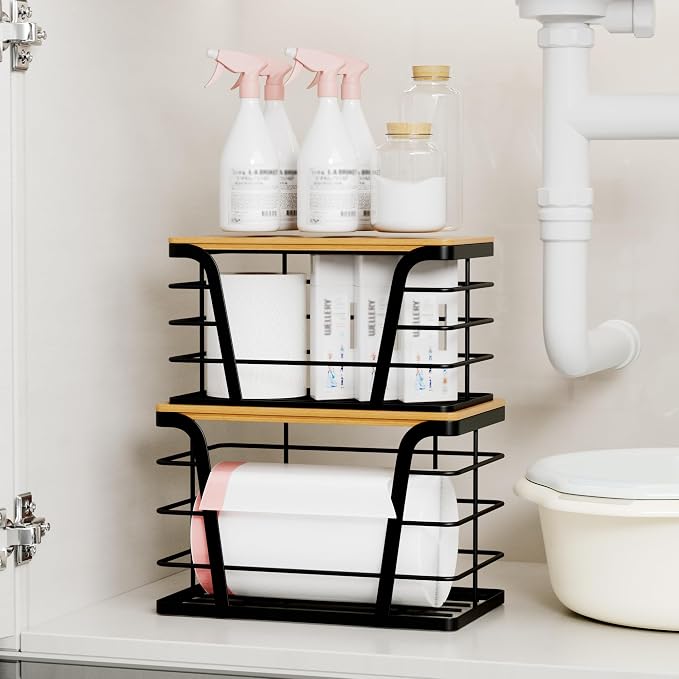 TIDIIABODE 2 Pack Stackable Storage Laundry Kitchen Organizers, Wall Mount Trash Bag Holder with Bamboo Top and Garbage Bag Dispenser No Drill - Image 5
